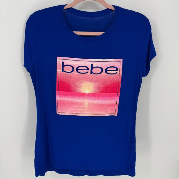 Bebe Womens Blue Graphic T-Shirt With Sunset Print - Picture 2 of 7